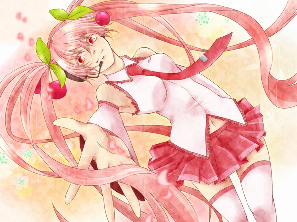 Anime picture 1024x768 with vocaloid hatsune miku sakura miku oyatunoousama single fringe hair between eyes twintails bare shoulders pink hair very long hair pleated skirt pink eyes outstretched hand girl thighhighs skirt detached sleeves miniskirt petals