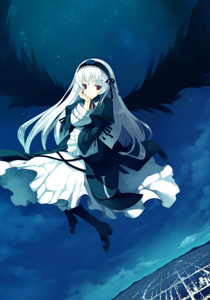 Anime picture 905x1292 with rozen maiden suigintou shiranagi masa long hair tall image looking at viewer red eyes sky cloud (clouds) white hair night flying girl dress wings hairband