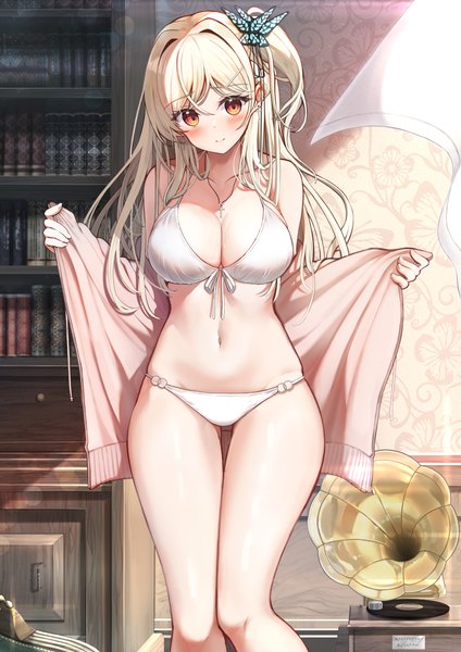 Anime picture 3548x5016 with original hiragi ringo single long hair tall image looking at viewer blush fringe highres breasts light erotic blonde hair smile hair between eyes large breasts standing absurdres cleavage indoors head tilt