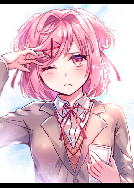 Anime picture 642x900 with doki doki literature club natsuki (doki doki literature club) aicedrop single tall image looking at viewer blush fringe short hair simple background white background holding signed pink hair upper body long sleeves one eye closed pink eyes two side up twitter username