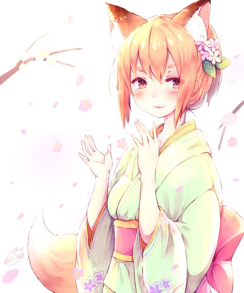Anime picture 835x1000 with original chita (ketchup) single tall image blush fringe short hair hair between eyes brown eyes animal ears looking away upper body ponytail tail traditional clothes japanese clothes animal tail hair flower orange hair fox ears