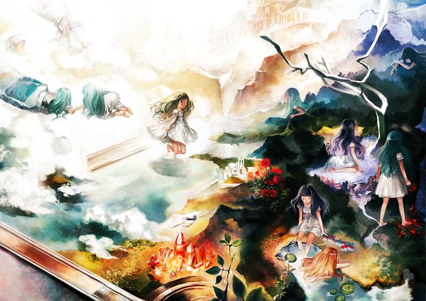 Anime picture 1800x1272 with original madoisr long hair fringe highres open mouth black hair blonde hair sitting brown eyes cloud (clouds) lying eyes closed barefoot aqua hair bare legs puffy sleeves tears kneeling mountain