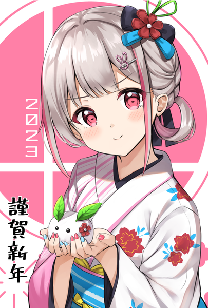 Anime picture 827x1224 with original keiran (ryo170) single tall image looking at viewer blush short hair smile holding silver hair upper body nail polish traditional clothes head tilt japanese clothes pink eyes multicolored hair streaked hair new year red nail polish