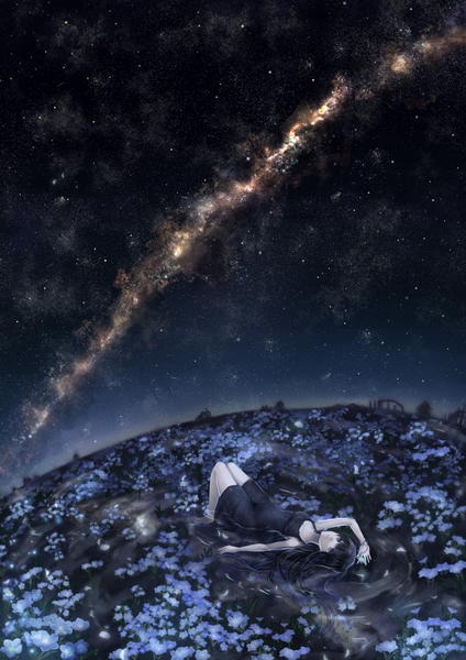 Аниме картинка 1445x2045 с оригинальное изображение karo karo один (одна) длинные волосы высокое изображение голубые глаза чёрные волосы лёжа ночь пейзаж млечный путь девушка платье цветок (цветы) чёрное платье звезда (звёзды) сарафан