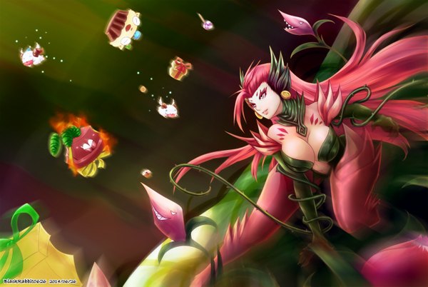 Anime picture 1300x871 with league of legends poro (league of legends) amumu (league of legends) zyra (league of legends) blackrabbit0626 breasts light erotic red eyes large breasts looking away pink hair cleavage very long hair fighting stance girl gloves plant (plants) earrings elbow gloves gift
