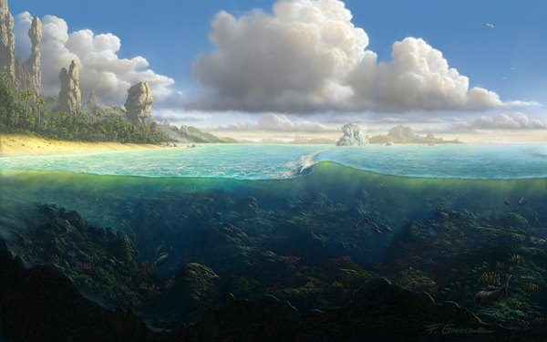 Anime picture 1680x1050 with original fel-x (artist) wide image sky cloud (clouds) wallpaper beach mountain underwater sand nature rock plant (plants) animal tree (trees) water sea bird (birds) fish (fishes) forest