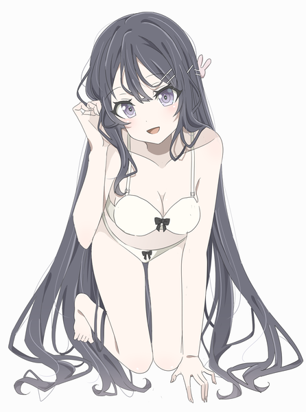 Anime picture 1390x1870 with seishun buta yarou cloverworks sakurajima mai azuki (ckxs7444) single long hair tall image looking at viewer blush breasts open mouth blue eyes light erotic black hair simple background white background payot cleavage head tilt :d