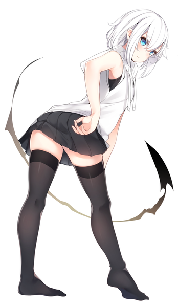 Anime picture 872x1500 with original ringo-chan (otokuyou) otokuyou single tall image looking at viewer blush short hair blue eyes light erotic simple background white background full body white hair looking back leaning no shoes leaning forward sleeveless girl