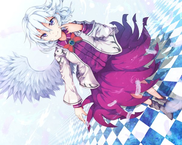 Anime picture 1370x1090 with touhou kishin sagume furapechi (artist) single fringe short hair smile purple eyes looking away silver hair from above shadow dutch angle finger to mouth checkered floor floor single wing girl wings feather (feathers)