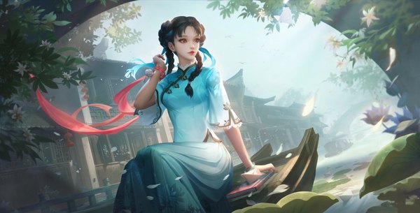 Anime-Bild 5120x2604 mit honor of kings xi shi tagme (artist) single long hair highres black hair wide image sitting brown eyes looking away absurdres sky outdoors braid (braids) traditional clothes parted lips wind realistic wide sleeves