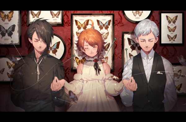 Anime picture 1256x822 with yakusoku no neverland cloverworks emma (yakusoku no neverland) norman (yakusoku no neverland) ray (yakusoku no neverland) j 315 (jean) fringe short hair black hair hair between eyes standing silver hair upper body indoors eyes closed orange hair multiple boys holding hands letterboxed arm behind back