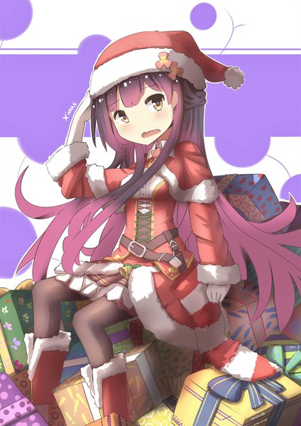 Anime picture 2480x3507 with flower knight girl ionocidium (flower knight girl) hinbackc single long hair tall image looking at viewer fringe highres open mouth sitting brown eyes purple hair christmas hand on head half updo lacing girl hat pantyhose