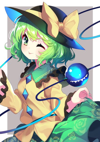 Anime picture 1254x1771 with touhou komeiji koishi yuujin (yuzinn333) single tall image looking at viewer short hair simple background green eyes one eye closed green hair wink grey background border outside border girl skirt bow hat blouse