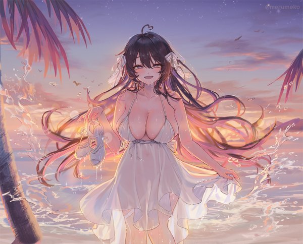 Anime picture 1800x1452 with original merumeko single long hair looking at viewer blush fringe highres breasts open mouth light erotic black hair smile hair between eyes large breasts standing purple eyes holding signed sky
