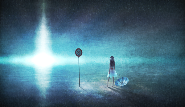 Anime picture 2000x1166 with original hono mochizuki single long hair highres wide image standing silver hair barefoot light girl dress umbrella traffic sign