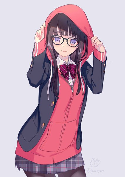 Anime picture 800x1129 with original gin (oyoyo) single long hair tall image looking at viewer fringe black hair simple background smile standing purple eyes signed payot blunt bangs pleated skirt grey background arms up twitter username plaid skirt