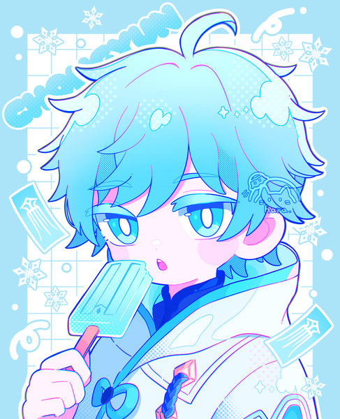 Anime picture 2039x2512 with genshin impact chongyun (genshin impact) 8ra jelly single tall image blush highres short hair blue eyes blue hair upper body :o character names shotacon boy food sweets ice cream snowflake (snowflakes) popsicle