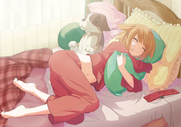 Anime picture 1754x1240 with original shinomome haru (artist) highres short hair eyes closed barefoot orange hair hug sleeping girl pillow bed pajamas phone