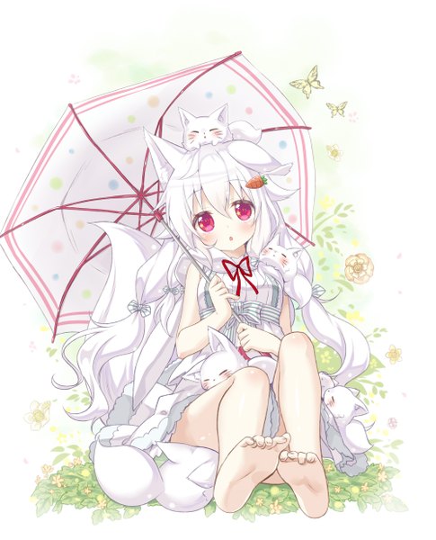 Anime picture 1000x1235 with original yano mitsuki long hair tall image blush fringe hair between eyes sitting twintails holding animal ears bent knee (knees) white hair tail parted lips head tilt animal tail pink eyes barefoot bare legs