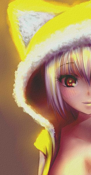 Anime picture 586x1125 with original kimik-a kitsune yin single tall image looking at viewer blush short hair light erotic red eyes silver hair lips girl hood