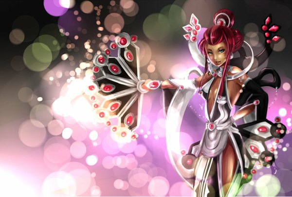 Anime picture 1086x736 with league of legends karma (league of legends) single long hair breasts bare shoulders holding green eyes cleavage red hair lips realistic alternate costume alternate hairstyle hair up girl fan