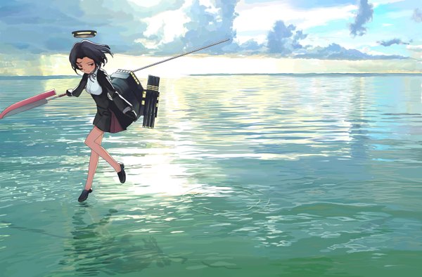 Anime picture 1600x1051 with kantai collection tatsuta light cruiser mocha (snowflake) single blush short hair purple eyes sky purple hair cloud (clouds) looking down reflection horizon weightlessness girl dress gloves weapon black gloves water