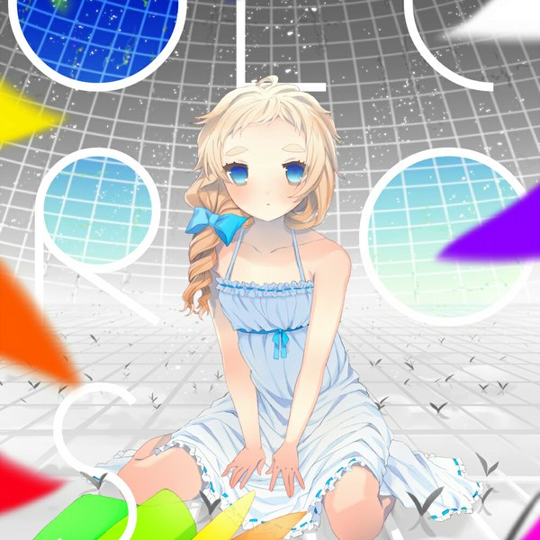 Anime picture 1000x1000 with original donacoo single long hair blush open mouth blue eyes blonde hair sitting bare shoulders checkered floor girl dress bow hair bow sundress blue dress