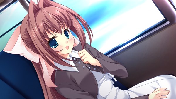 Anime picture 1024x576 with da capo ii dearest marriage asakura otome takano yuki (allegro mistic) single long hair blush fringe open mouth blue eyes smile brown hair wide image game cg girl dress bow hair bow large bow