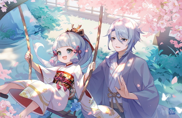 Anime picture 3508x2268 with genshin impact kamisato ayaka kamisato ayato autumnlll long hair fringe highres open mouth hair between eyes looking away absurdres silver hair outdoors ponytail blunt bangs traditional clothes :d japanese clothes cherry blossoms siblings