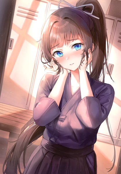 Anime picture 2406x3464 with original kendo club president (rangu) rangu single long hair tall image looking at viewer blush fringe highres breasts blue eyes black hair standing payot ponytail indoors blunt bangs traditional clothes head tilt
