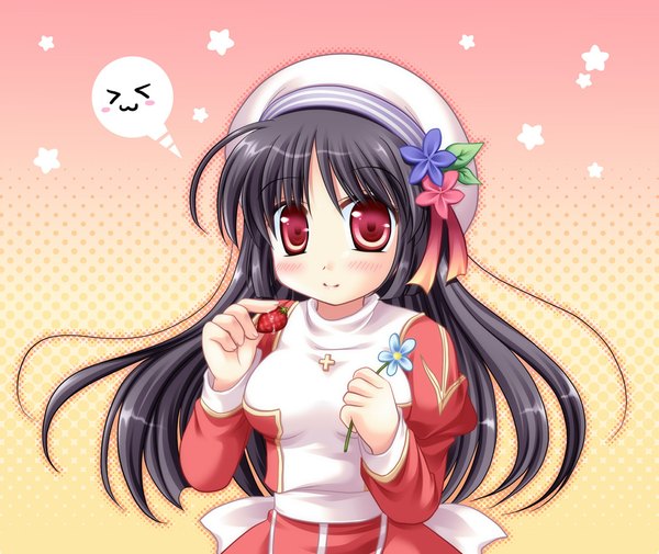 Anime picture 1084x914 with ragnarok online high priest single long hair black hair red eyes girl hat food berry (berries) strawberry