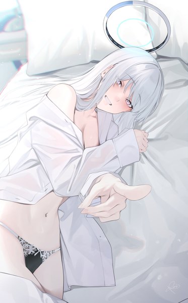 Anime-Bild 2287x3679 mit blue archive noa (blue archive) waterdog single long hair tall image looking at viewer fringe highres light erotic signed white hair lying long sleeves pink eyes hair over one eye off shoulder open shirt sleeves past wrists on side
