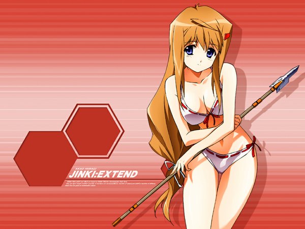 Anime picture 1024x768 with jinki feel (studio) hiiragi akao tsunashima shirou single long hair looking at viewer fringe breasts blue eyes light erotic hair between eyes large breasts orange hair shadow leaning wallpaper leaning forward copyright name character names