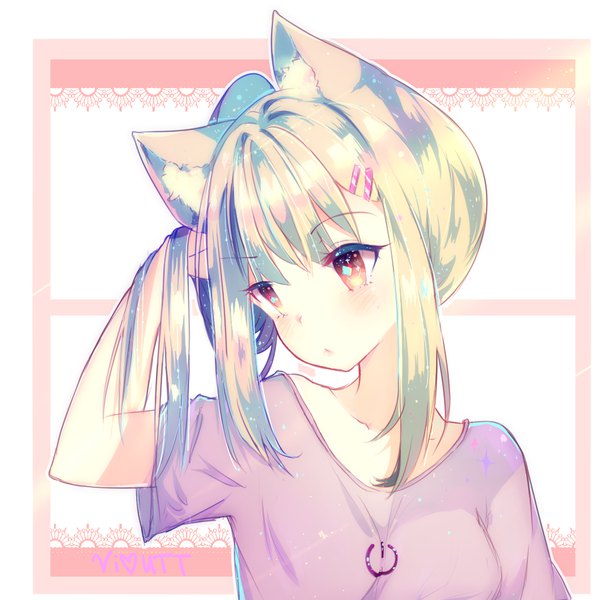 Anime picture 900x900 with original smexyvibutt single blush fringe short hair simple background blonde hair white background brown eyes signed animal ears payot cat ears short sleeves cat girl adjusting hair looking down girl hairclip