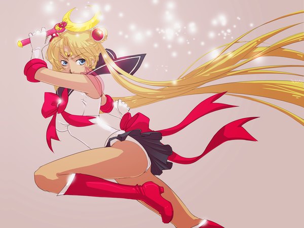 Anime picture 1000x751 with bishoujo senshi sailor moon toei animation tsukino usagi sailor moon eflunn (emilylunn) single long hair blue eyes light erotic simple background blonde hair twintails holding looking away very long hair pleated skirt wind skirt lift crescent brown background