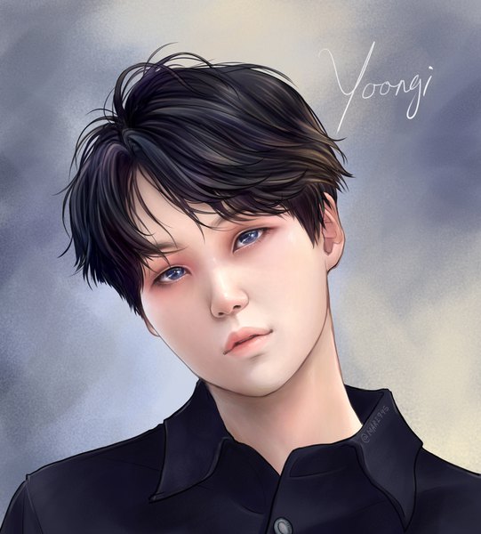 Anime picture 1443x1600 with real life bts suga (bts) mari945 single tall image looking at viewer fringe short hair blue eyes black hair simple background signed upper body parted lips head tilt lips realistic grey background character names