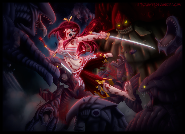 Anime picture 1375x1000 with fairy tail erza scarlet law67 long hair open mouth light erotic red eyes holding yellow eyes ponytail red hair armpit (armpits) coloring torn clothes dual wielding angry battle girl bow weapon