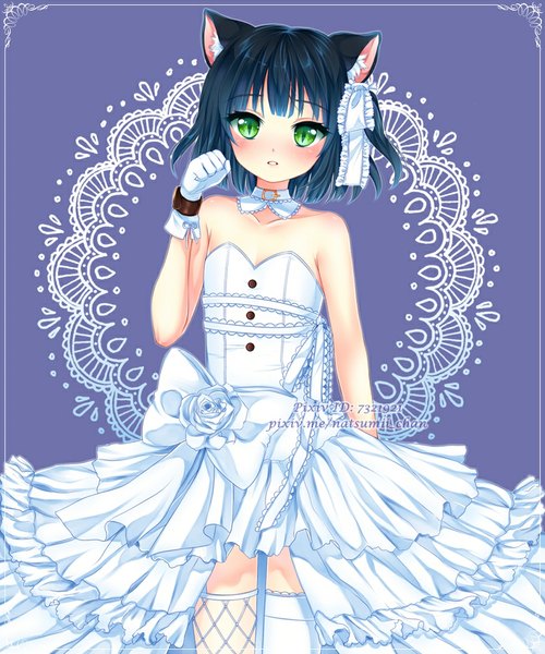Anime picture 833x1000 with original nami (nyaa) single tall image blush short hair green eyes animal ears blue hair cat ears cat girl girl thighhighs dress gloves white thighhighs