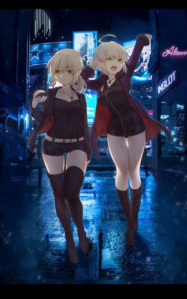 Anime picture 752x1200 with fate (series) fate/grand order artoria pendragon (all) jeanne d'arc (fate) (all) jeanne d'arc alter (fate) saber alter karinto yamada tall image looking at viewer fringe short hair breasts blonde hair hair between eyes twintails multiple girls holding yellow eyes looking away full body