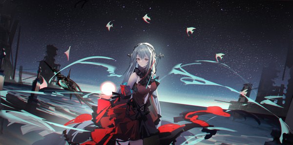 Anime picture 4457x2211 with arknights skadi (arknights) skadi the corrupting heart (arknights) nagito single long hair fringe highres hair between eyes red eyes wide image looking away absurdres silver hair outdoors night official alternate costume horizon girl dress