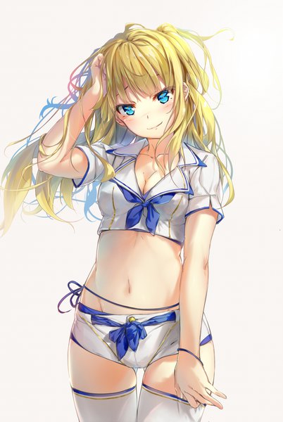 Anime picture 700x1045 with original wingheart single long hair tall image looking at viewer blue eyes light erotic simple background blonde hair smile standing cleavage head tilt grey background midriff zettai ryouiki groin ass visible through thighs hand on head