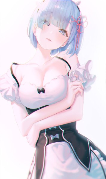 Anime picture 710x1200 with re:zero kara hajimeru isekai seikatsu white fox rem (re:zero) seol single tall image looking at viewer blush fringe short hair breasts blue eyes light erotic simple background large breasts standing bare shoulders blue hair cleavage parted lips