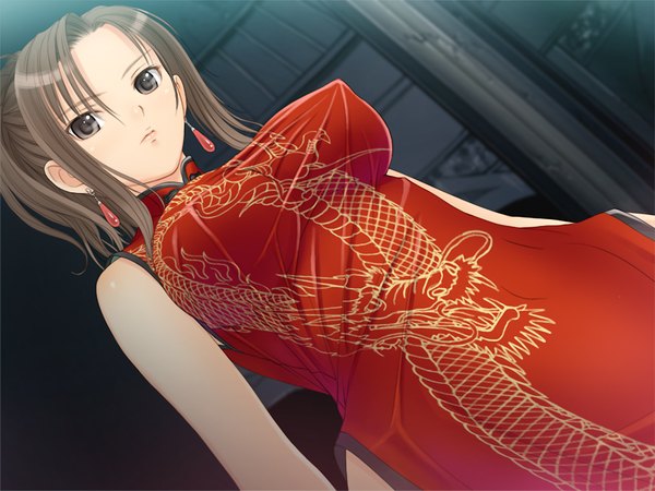 Anime picture 1024x768 with france shoujo odagiri maiko tony taka short hair breasts light erotic brown hair large breasts game cg black eyes chinese clothes girl chinese dress