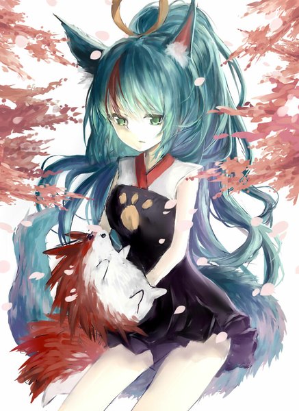 Anime picture 765x1050 with sa'yuki single long hair tall image fringe simple background white background holding animal ears ponytail multicolored hair aqua hair two-tone hair streaked hair sleeveless pale skin girl dress animal petals