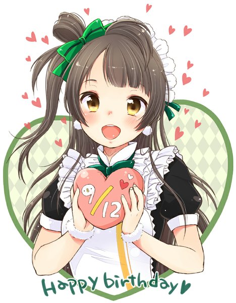 Anime picture 700x897 with love live! school idol project sunrise (studio) love live! minami kotori yukiu con single long hair tall image looking at viewer blush fringe open mouth black hair white background yellow eyes hair bun (hair buns) one side up happy birthday rhombus waitress