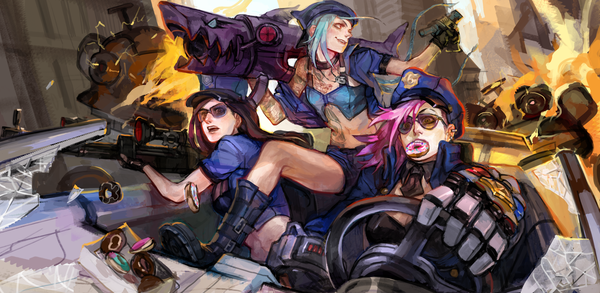 Anime picture 2210x1080 with league of legends jinx (league of legends) caitlyn (league of legends) vi (league of legends) officer caitlyn chisuukei long hair highres open mouth black hair red eyes wide image multiple girls brown eyes blue hair pink hair profile tattoo girl gloves