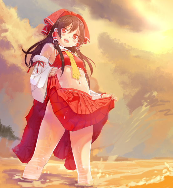 Anime picture 922x1000 with touhou hakurei reimu mx2j (nsh6394) single long hair tall image looking at viewer blush open mouth light erotic red eyes brown hair traditional clothes bare belly wet no panties skirt lift miko girl skirt
