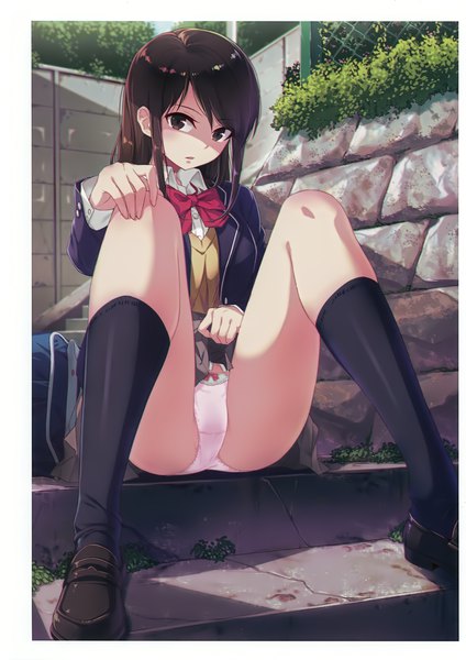 Anime picture 2826x4000 with original melonbooks 40hara single long hair tall image looking at viewer fringe highres breasts light erotic brown hair sitting brown eyes payot bent knee (knees) outdoors parted lips pleated skirt fingernails