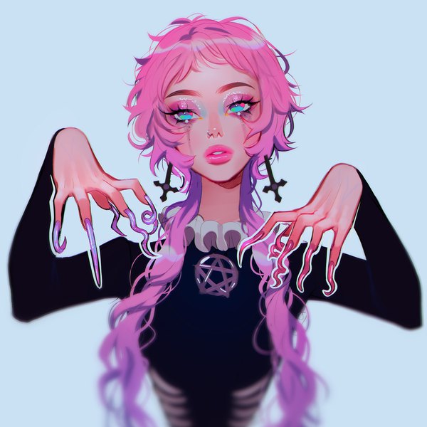 Anime picture 1840x1840 with original lavelis single long hair looking at viewer highres simple background pink hair upper body nail polish parted lips aqua eyes fingernails lips lipstick piercing blue background long fingernails eyeshadow pink lipstick