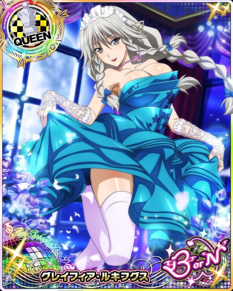 Anime picture 640x800 with highschool dxd grayfia lucifuge single long hair tall image looking at viewer breasts light erotic cleavage braid (braids) grey hair grey eyes card (medium) girl thighhighs dress flower (flowers) bow hair bow petals